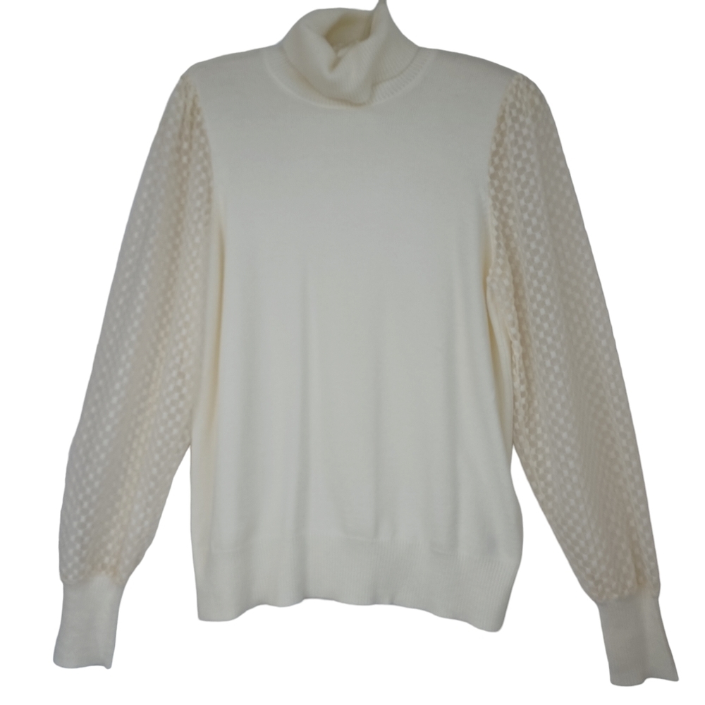Marled Sweater Turtleneck‎ Pullover Ivory Swiss Dot Lace Sleeves Womens Large